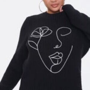 Forever 21 Womens Black Abstract Face Line Art Ribbed Knit Sweater Large